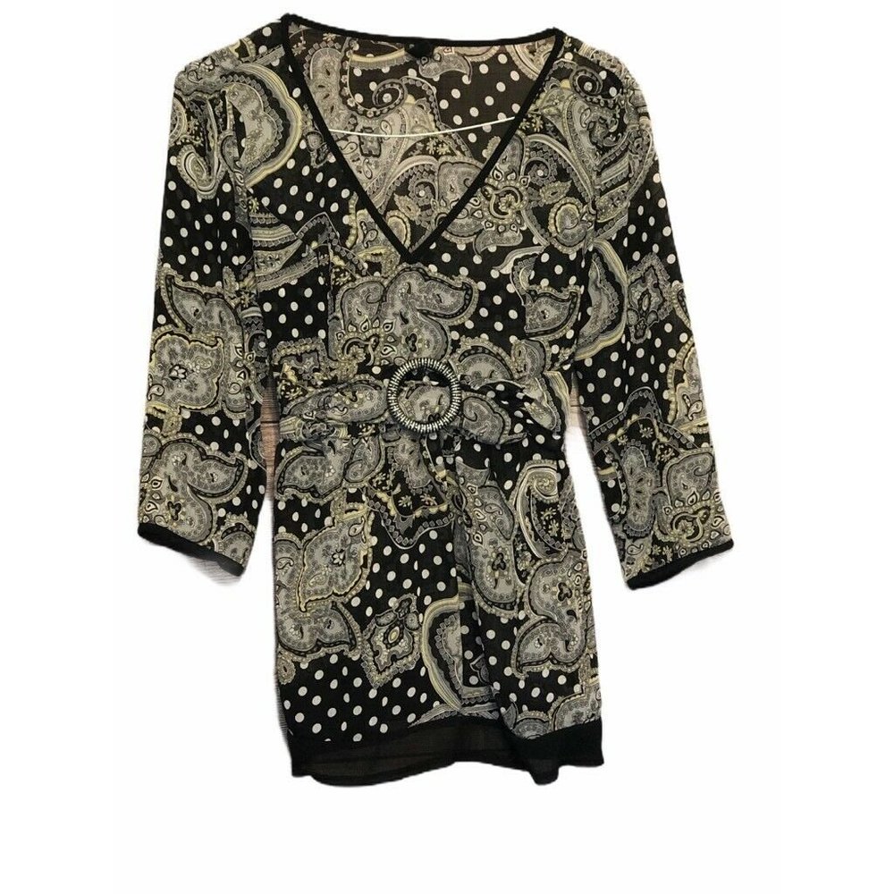 Essentials By Milano Womens Blouse Black Paisley 3/4 Sleeve Tie Back Belt Top L